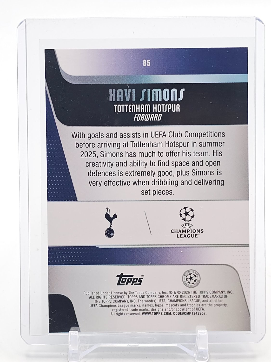 XAVI SIMONS 2025-26 TOPPS CHROME SAPPHIRE UEFA CL SOCCER #85 HOTSPUR Q5442 view 2