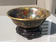 Vtg. Chinese Cloisonne Bowl on Brass w/ Floral Motif, 10" dia. & Stand