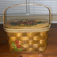 Vintage Caro Nan painted wooden basket purse with floral motif