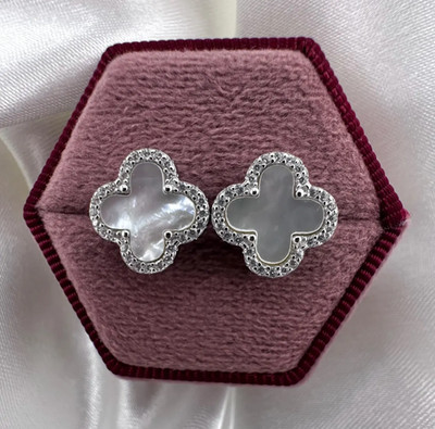 925 Solid Sterling Silver 4 Leaf Clover Stud Earrings, Diamond Four Leaf Studs