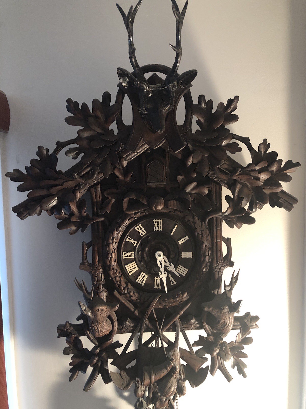 Antique Black Forest Cuckoo Clock W/Hunting Motif
