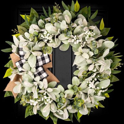 Lambs Ear Eucalyptus Front Door Wreath Year Round, 20'' Handmade Green Farmhouse