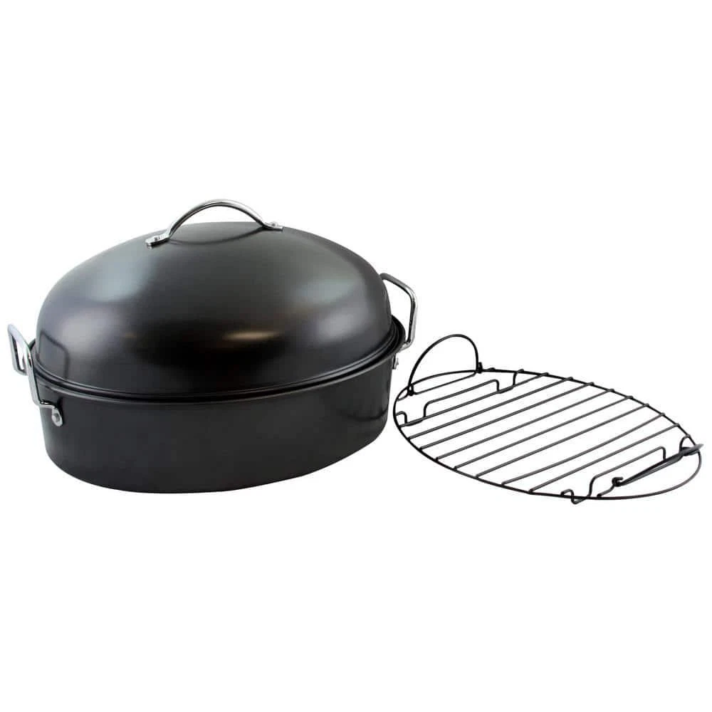 Gibson Home Roaster Pan 16" Carbon Steel Black High Dome Lid Wire Rack Handle