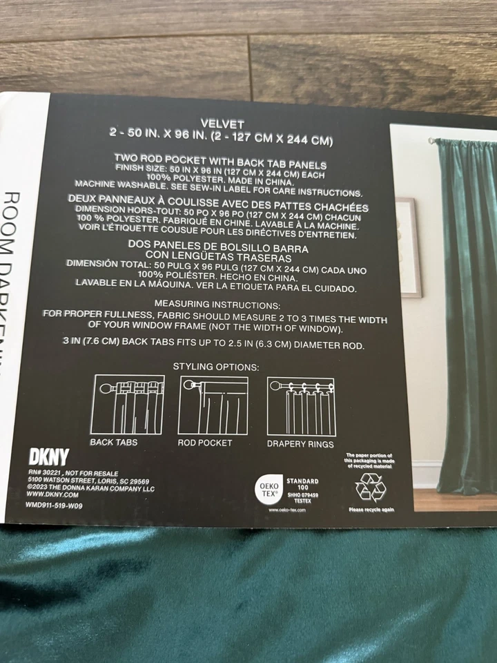 Nuevo juego de 4 cortinas de terciopelo DKNY Luster 50" x 96" ~ verde azulado oscuro~ Foto 4 de 4