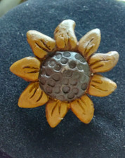VINTAGE SUNFLOWER BROCH PIN Hand Tooled Wood 3.5 Inches