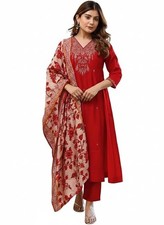 Beautiful Red Embroidery Top Kurti Set Indian Bollywood Kurta Pant Dupatta Set