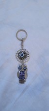 Owl Evil Eye Silver Blue Metal Keychain with Detachable Keyring