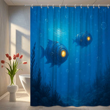 Blue Underwater Shower Curtain with Fish and Bubbles