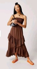 Urban Outfitters Urban Renewal Smocked Strapless Ruffle Maxi Dress BROWN XS NWOT