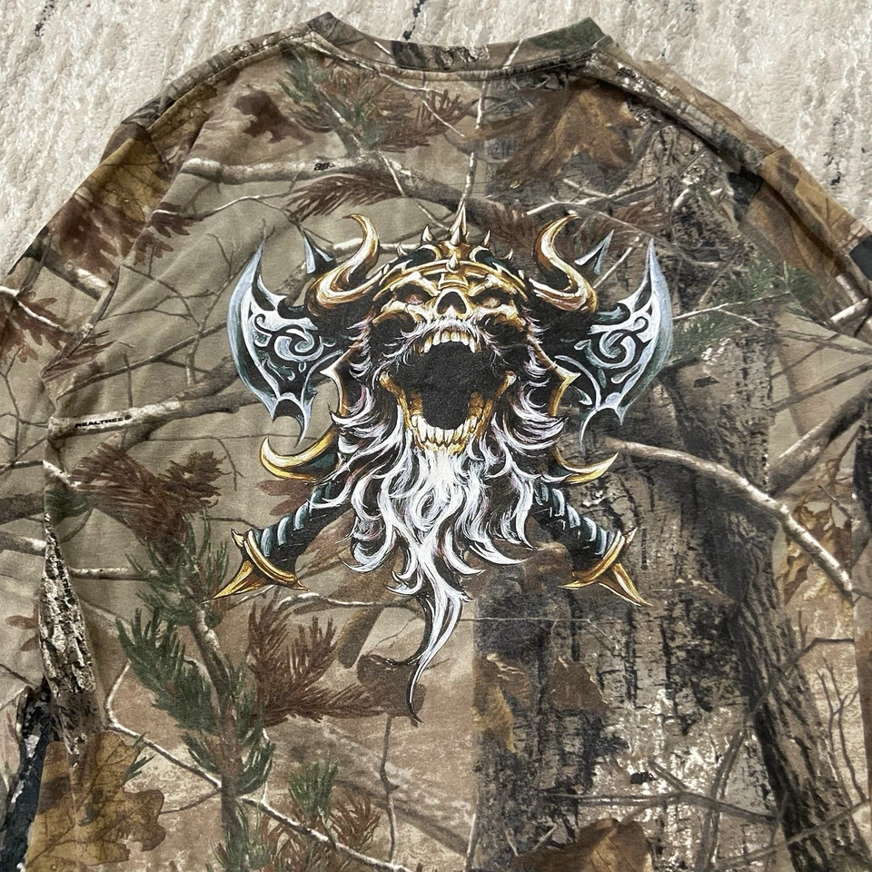Camiseta Y2K Realtree Camuflada Calavera Vikings Creek Brotherhood Para Hombres Talla Grande L/S Foto 2 de 4