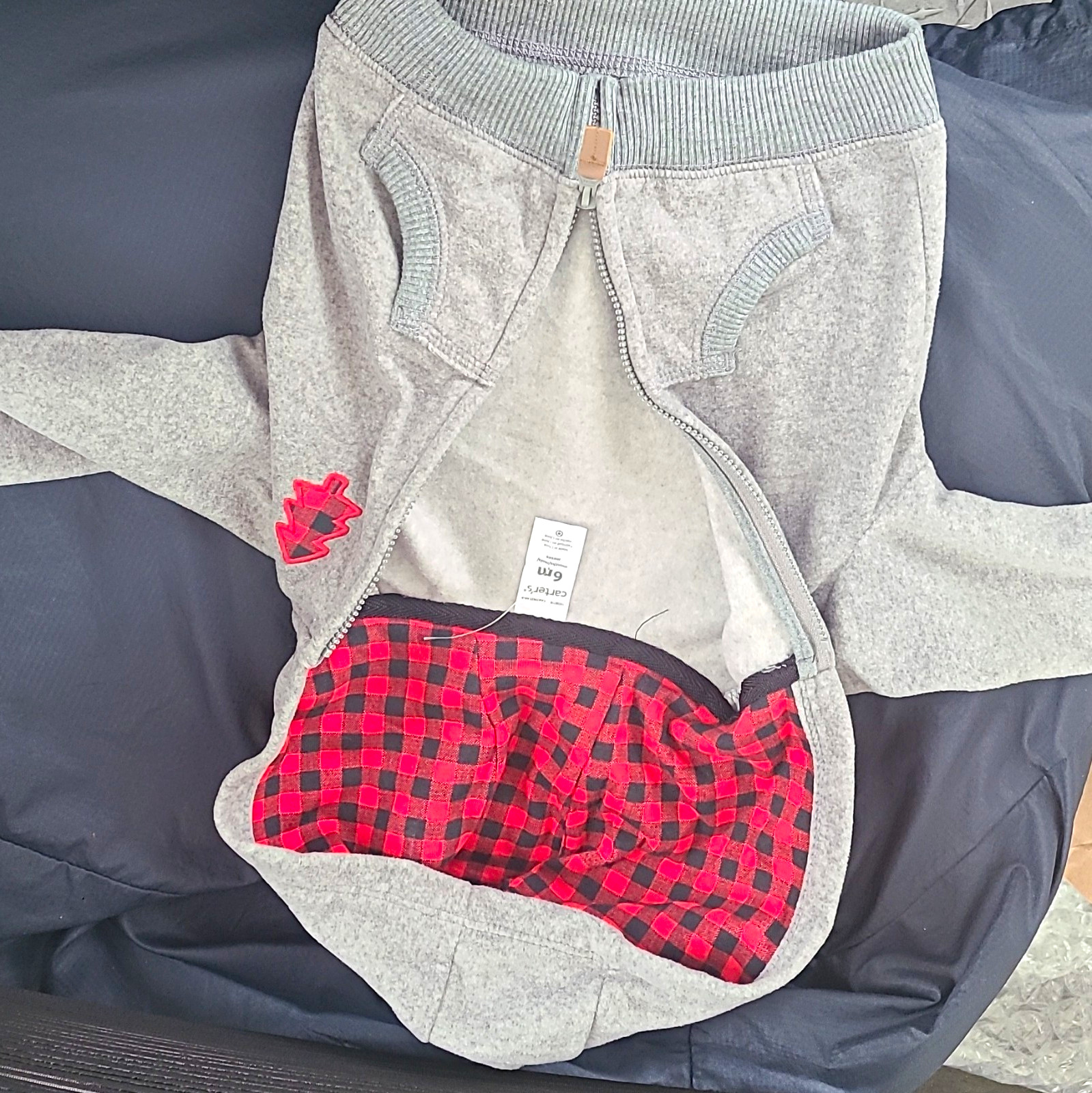 Carter's Baby Fleece Hooded Zip Jacket Plaid Lined Gray Red Black 6-9M