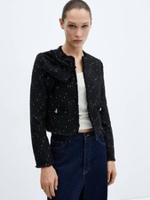 Mango NWT Black Tweed Gold Lurex Detail Cropped Blazer Jacket Size XS