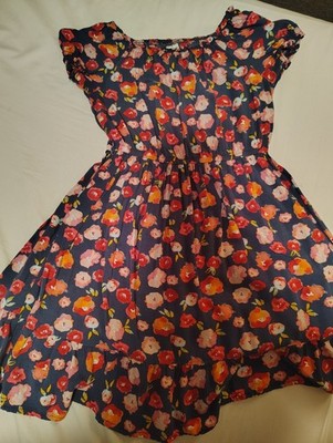 Girls Blue Multicolor Floral Fit & Flare Knee Dress Cap Sleeve Ruffle