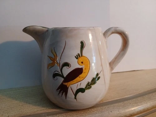 Vintage Stangl Lanning Pitcher Creamer Pottery Folk Art Bird Hand Painted