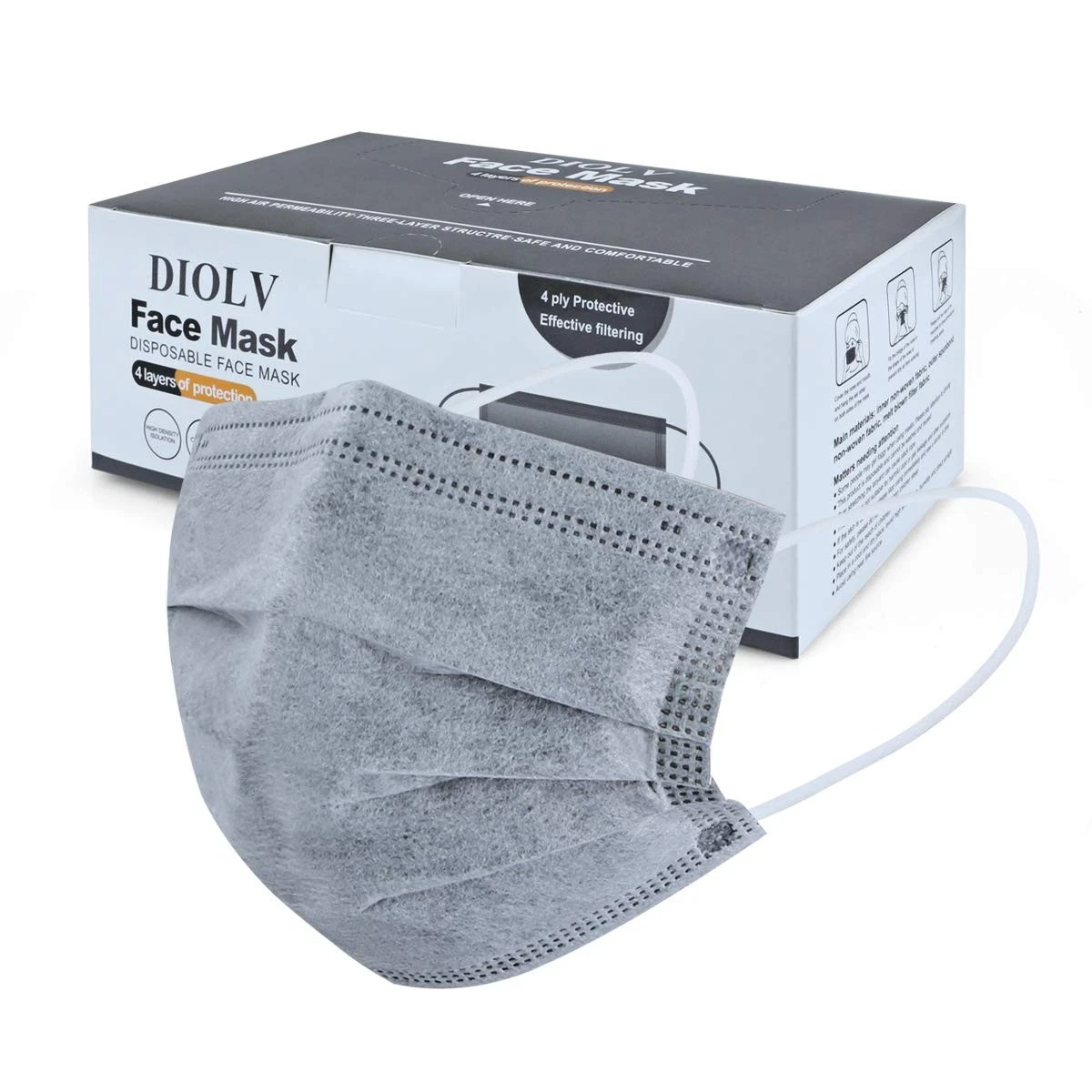 50 Pcs Disposable Face Mask 4-Layer Breathable Masks Dark Gray with White Ear...