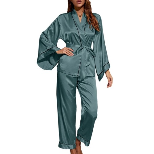 Satins Silk Pajamas Set Women Belted Sleepwear Long Sleeve Pj Set Loungewear - Picture 6 of 32
