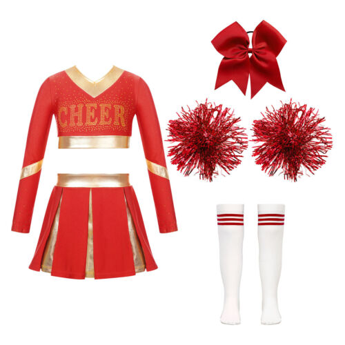 UK Girls Cheer Leader Costume Carnival Party Outfit Pom Poms Headwear Stockings - Picture 13 of 61