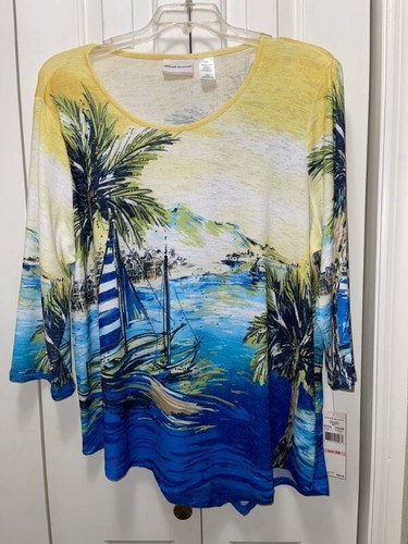 Women's ALFRED DUNNER Blue Multicolored Village Scene With Sailboats-Sz 2X-NWT
