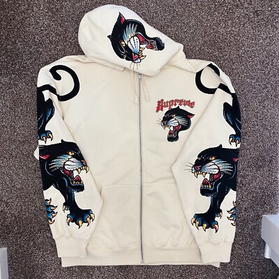 2021 Supreme Panther Rhinestone Zip Up Hooded Sweatshirt Hoodie