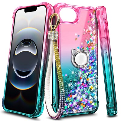 For iPhone 16e Case Liquid Glitter Bling Protector Phone Case + Luxury Lanyard