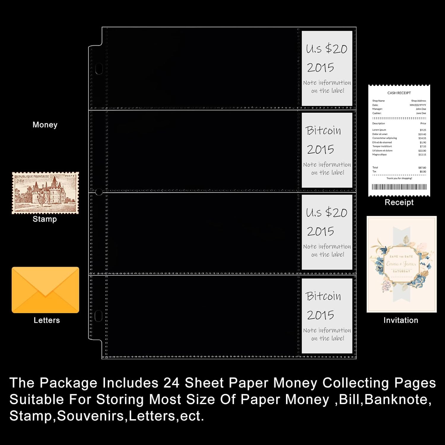 Chengu 24 Pcs 4 Pocket Currency Sleeves for 3 Ring Binder Clear Currency Album