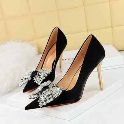 Pumps Damenschuhe 10.5 CM Schwarz Strass Samt Elegant Leder Kunststoff 77011