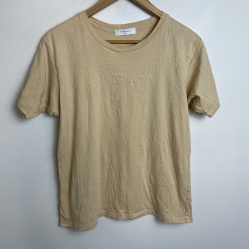 Nude Lucy Shirt Women's Medium Beige Tan Short Sleeve Cotton Casual Embroidered