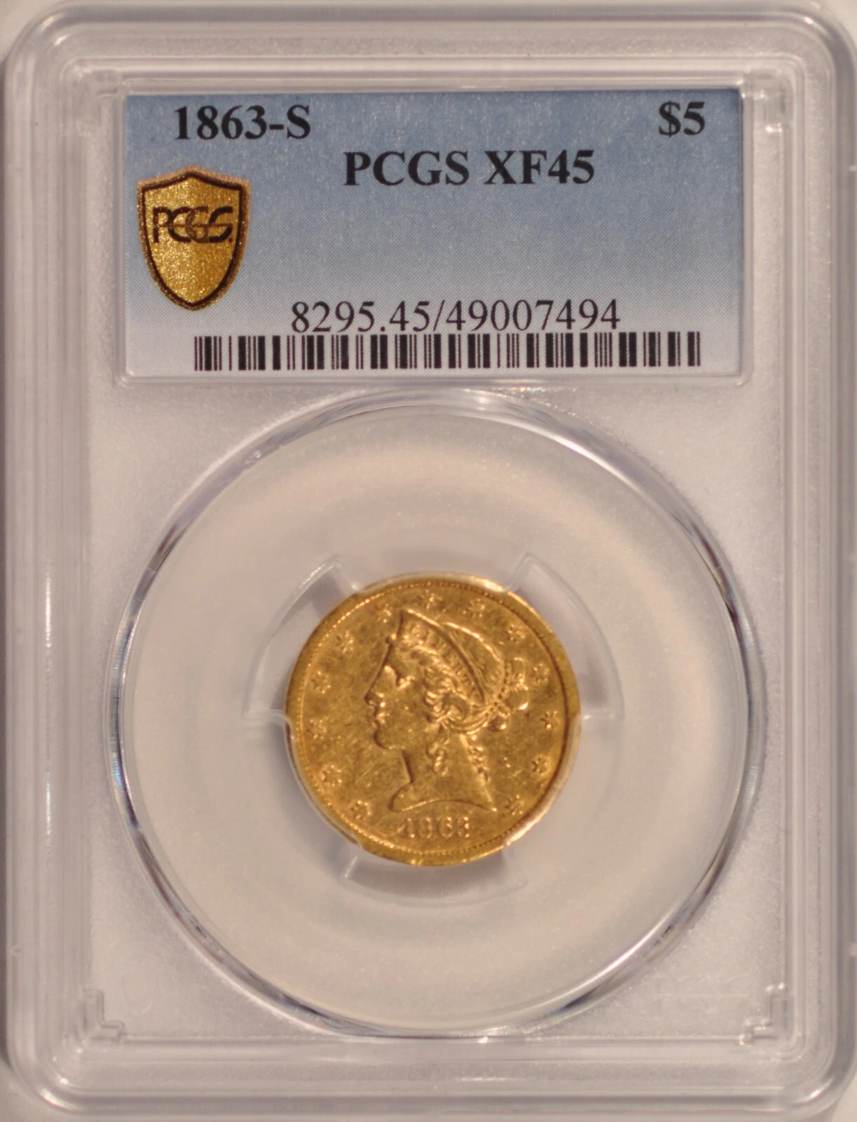 1863-S $5 Liberty Gold Half-Eagle PCGS XF45 (Only 60-75 Known) Pre-33 Gold