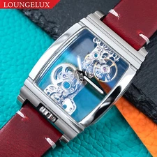 Mens Silver Manual Mechanical Watch Dark Red Oil Waxed Vintage Leather Strap