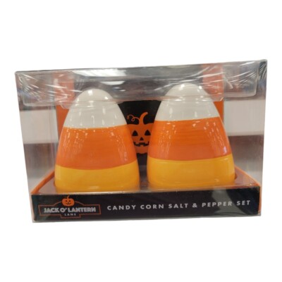 Jack O' Lantern Lane Ceramic Candy Corn Salt & Pepper Shaker Set NIB