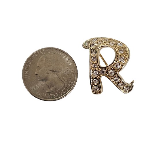 Gold Tone Clear Rhinestone Letter R Brooch Pin L141 - Picture 6 of 8