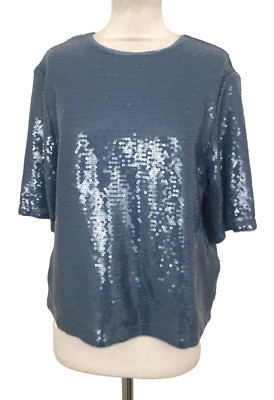 M&S Women's Top Size 6 Blue Sequin Boxy Top Keyhole Button Stretch Lining New F1