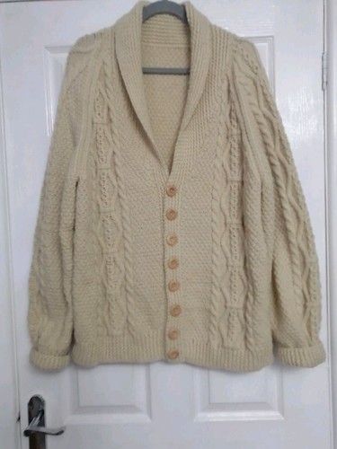 HANDMADE MENS 40-42"CHEST BEIGE FISHERMAN CABLE ARRAN CHUNKY KNIT WOOL CARDIGAN - Picture 4 of 10