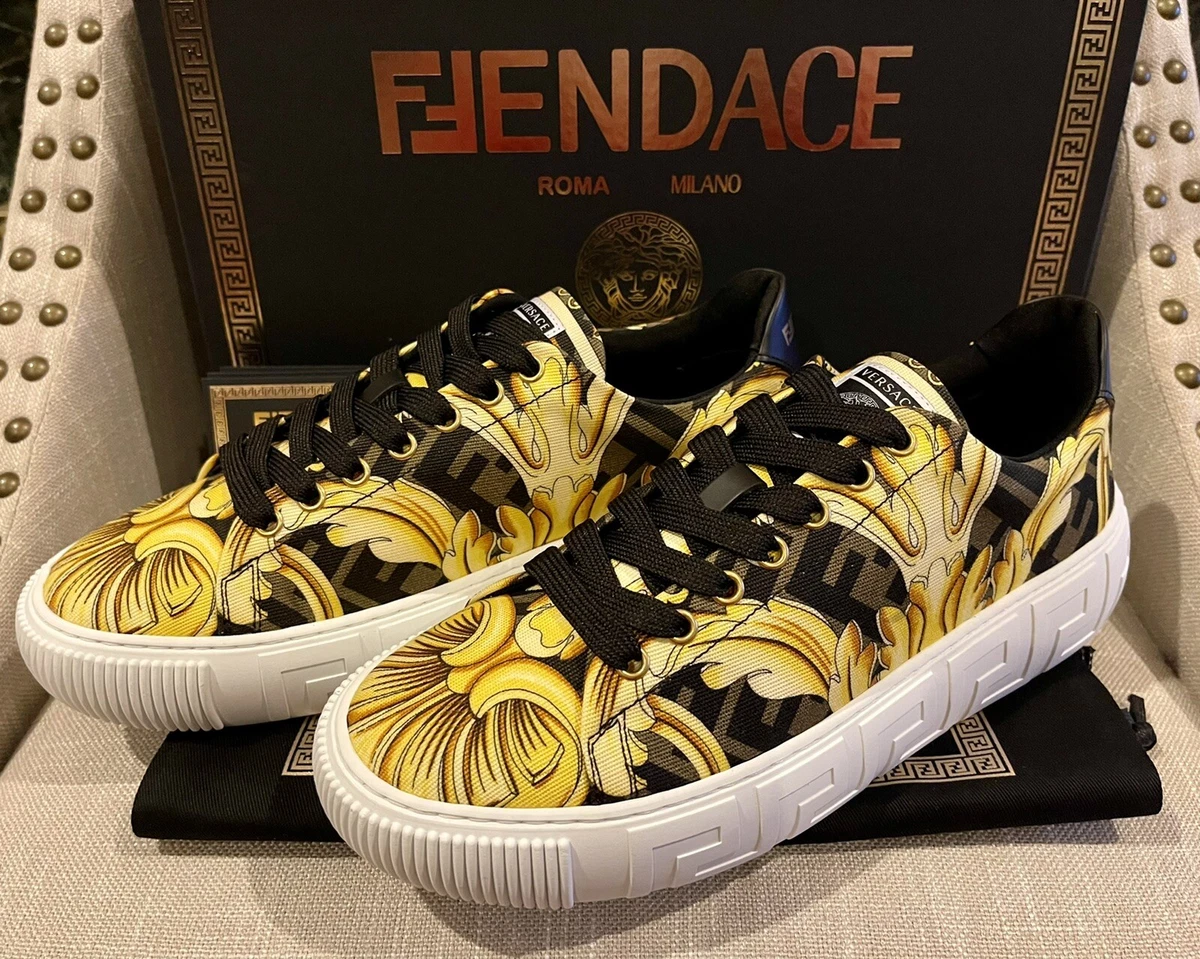 NIB Fendi X Versace Fendace Collaboration Gold Baroque Grecca Sneakers Size  39