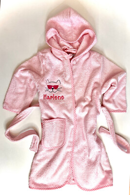 Kids Name and Cat Embroidered Bathrobe, Size 74-116, Pink or Blue