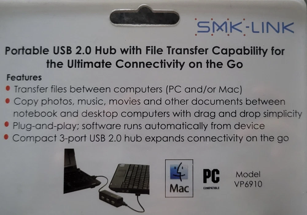 USB 2.0 Hub SMK-Link VP6910 Data File Transfer Cable w/USB Hub Windows Mac OS 64