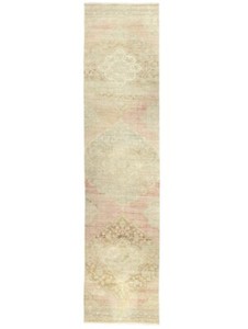 Vintage Turkish Oushak Runner 2.11x13.7 ft – Muted Pink Sage Faded Wool Long Rug