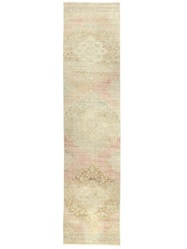 Vintage Turkish Oushak Runner 2.11x13.7 ft – Muted Pink Sage Faded Wool Long Rug