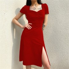 Frauen Sexy Baumwolle Split Kleid Kurz Arm Stretch Slim Bodycon Freizeit Schwarz