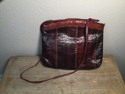 Lou-Ran Vintage Plum Wine Snakeskin Zippered Clutch With Adjustable Straps