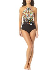 Anne Cole Women's Flower Field Print Key Hole High Neck Swimsuit, 8