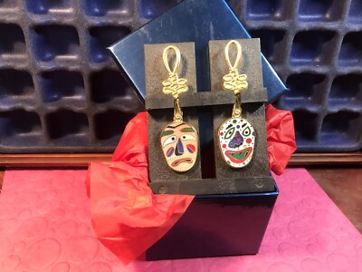 2 New On Fence Plaque Kitchen  Hang 4.5  cloisonne African Mask Spoons Boxed