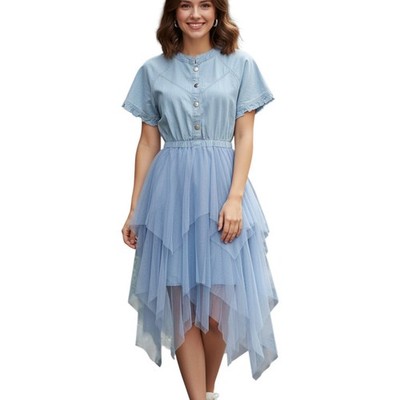 NWT Tulle Skirt Dress Juniors Medium Blue Chambray Tiered Tutu Cosplay Costume