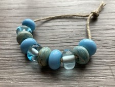 Handmade Artisan Glass Lampwork Donut Bead Set Blue Swirls