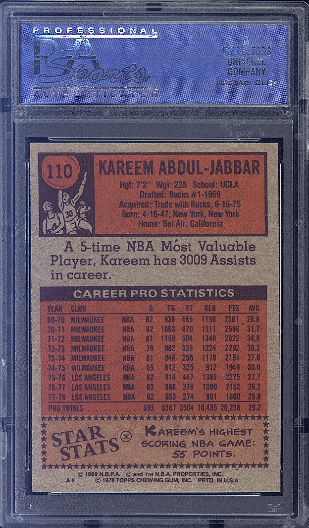 1978 Topps #110 Kareem Abdul-Jabbar (HOF) PSA 9 Basketball Card view 2
