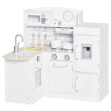 Qaba Corner Kids Kitchen Playset Wooden Toy Fridge Microwave Accessories, White