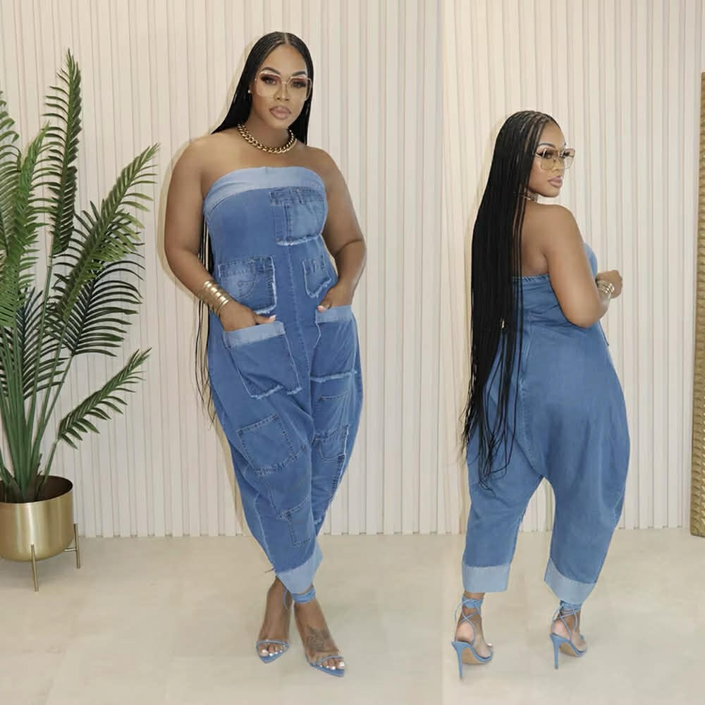 Denim Patchwork Jumpsuit - Strapless Designer-Sty… - image 8