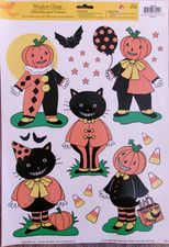 Vintage-Style Halloween Window Clings NEW Reusable, Black Cat Pumpkin People
