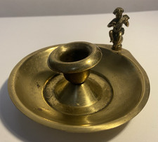 VINTAGE BRASS CANDLE STICK HOLDER w/ CHERUB ANGEL OR FAIRY ? PLAYING INSTRUMENT