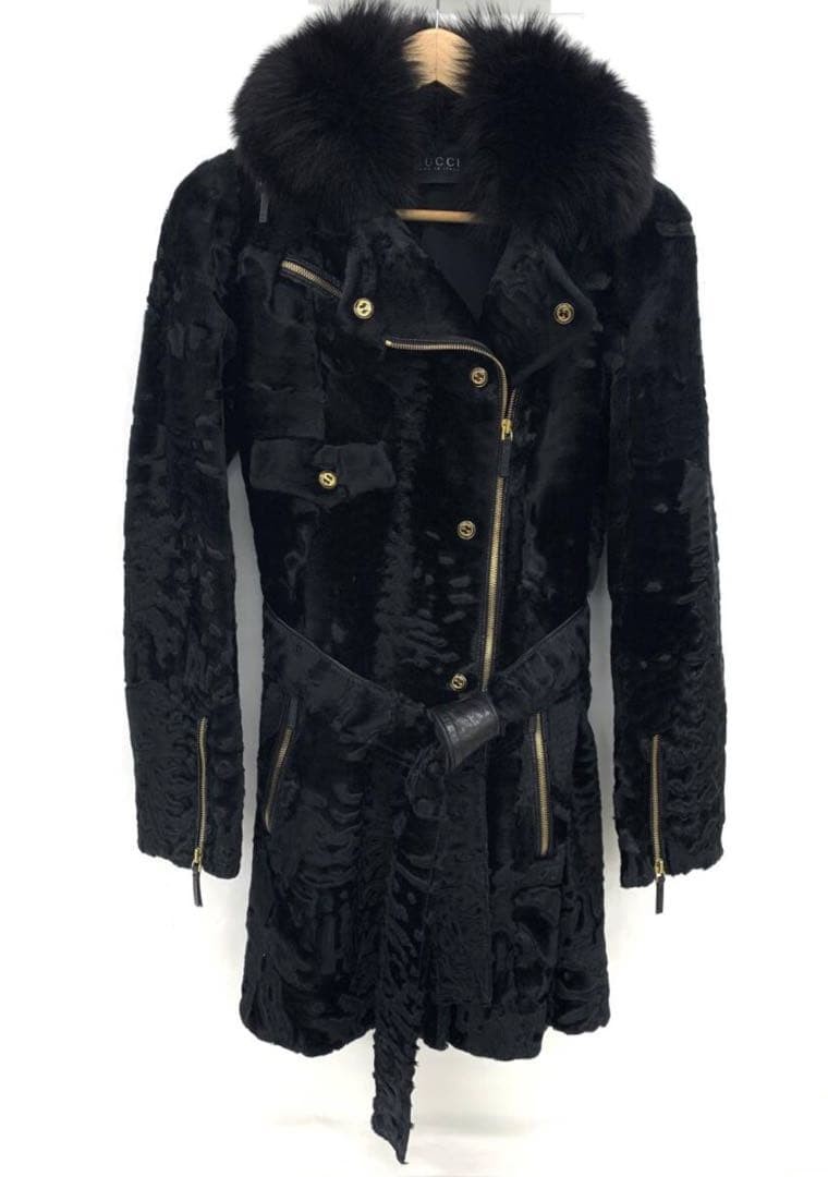 GUCCI Mink Fur Jacket Astrakhan Fox Collar Leather Size 40 Used